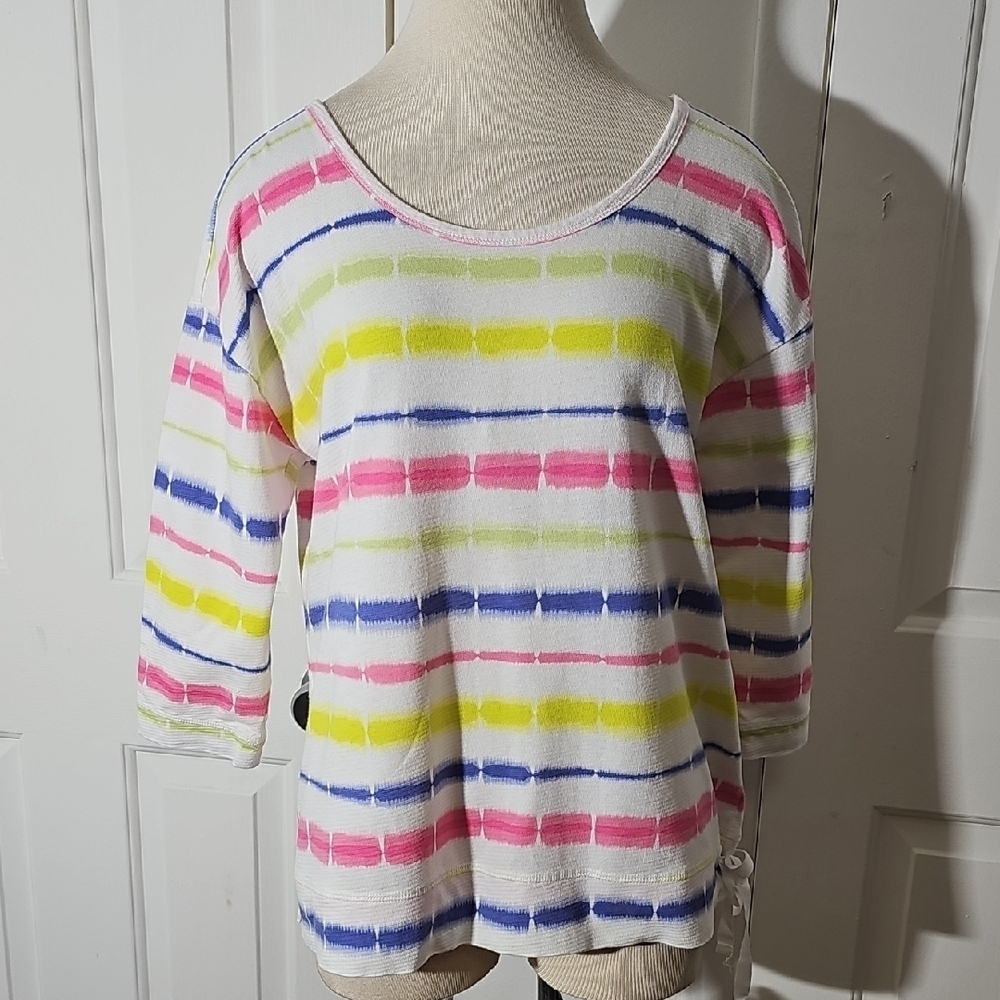 T By TALBOTS. Colorful Striped 3/4 Sleeve Top. With Tie Size LXP